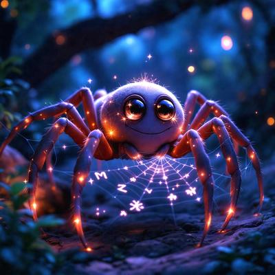 The primary subject of the image is a happy-looking spider with a smile on its face. The spider is surrounded by a web of light, giving it a unique and whimsical appearance. The setting is a forest, with trees visible in the background. The visual style of the image is a combination of photo and digital art, creating a surreal and playful atmosphere. The dominant colors are shades of green and blue, with the light web adding a touch of white. Overall, the image conveys a sense of